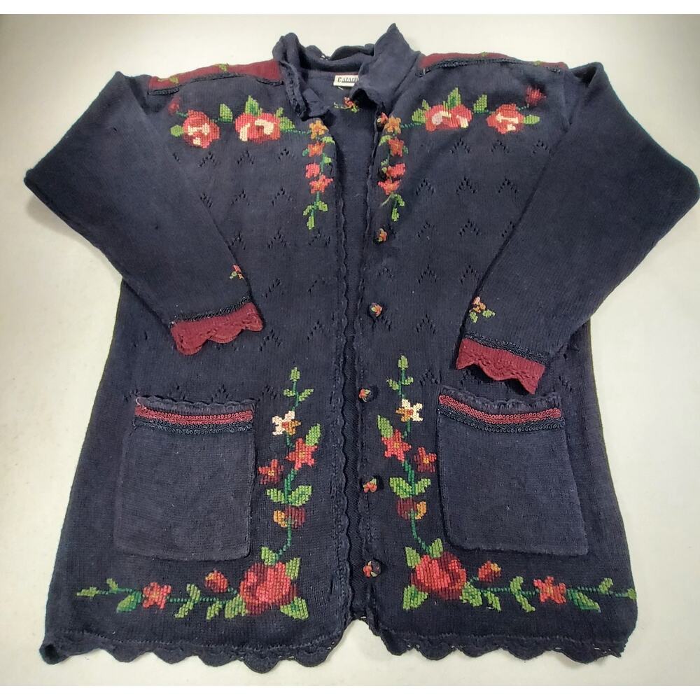 Vintage 90s Capacity Crostitch Embroidered Cardigan Navy Floral Cottagecore Lg